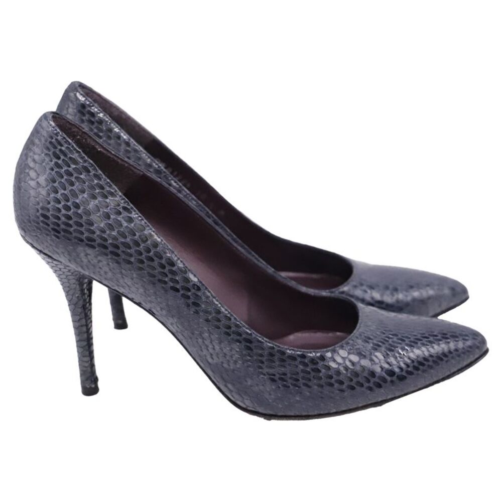 Stuart Weitzman Snake-Embossed Pointed Pumps in Navy Blue Leather